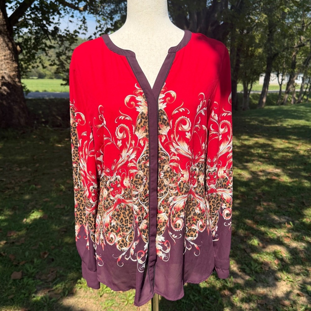 Dana Buchman Red Purple Leopard Baroque Scroll Print Blouse Size 10 Long Sleeve